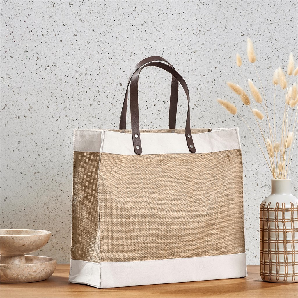 Okiyo Reza Jute & Cotton Tote with Leather Handles - Image 5